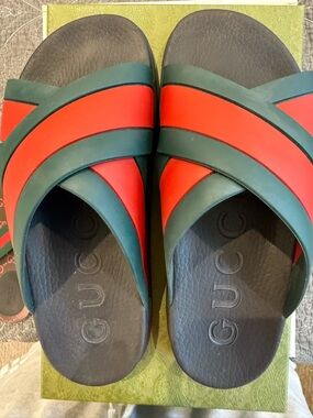 Gucci Green and Red Crisscross Rubber Slide Sandals